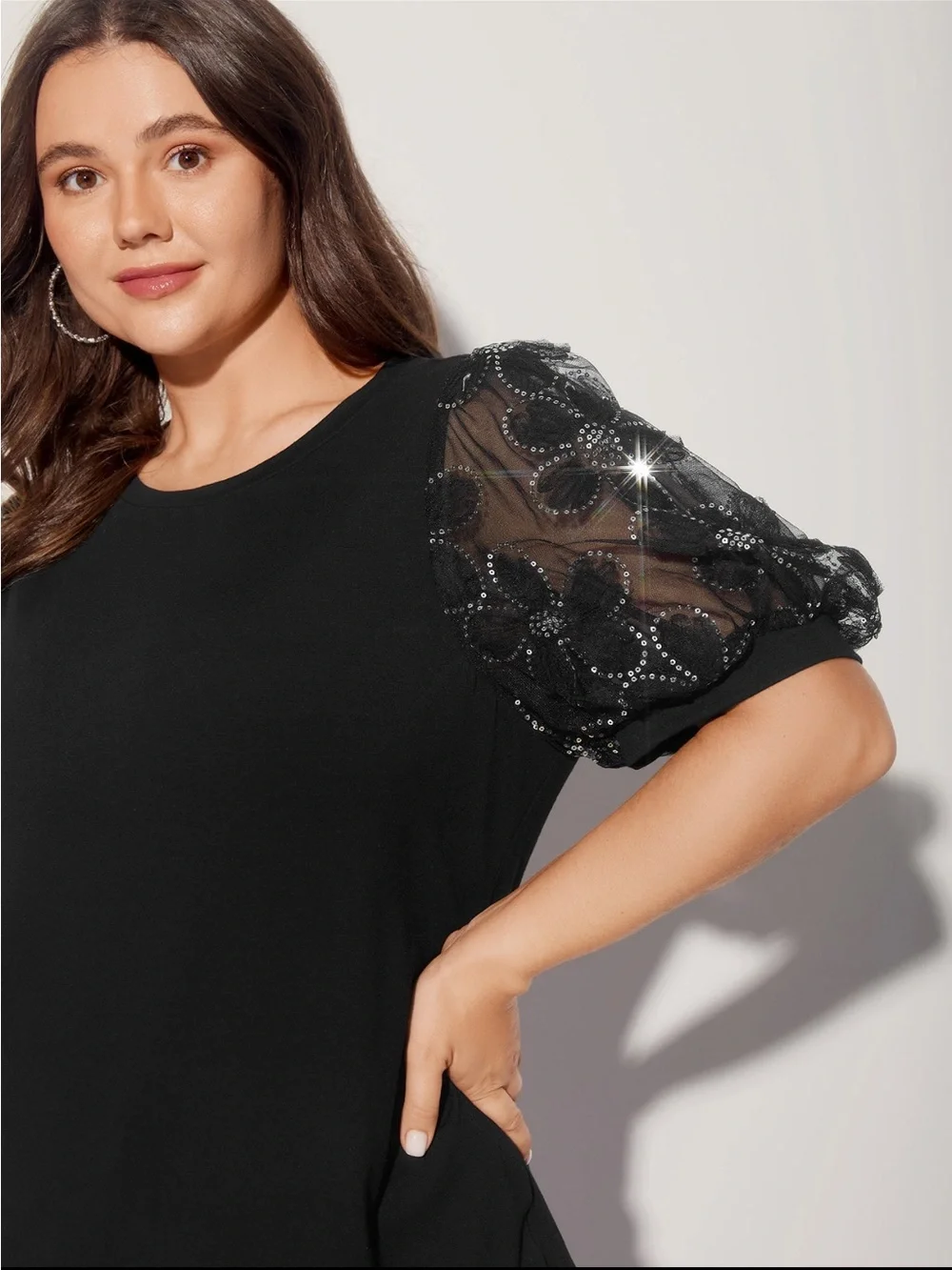 BloomChic Black Puff Sleeve Top with Sheer Embellished Sleeves size 2X (18-20)